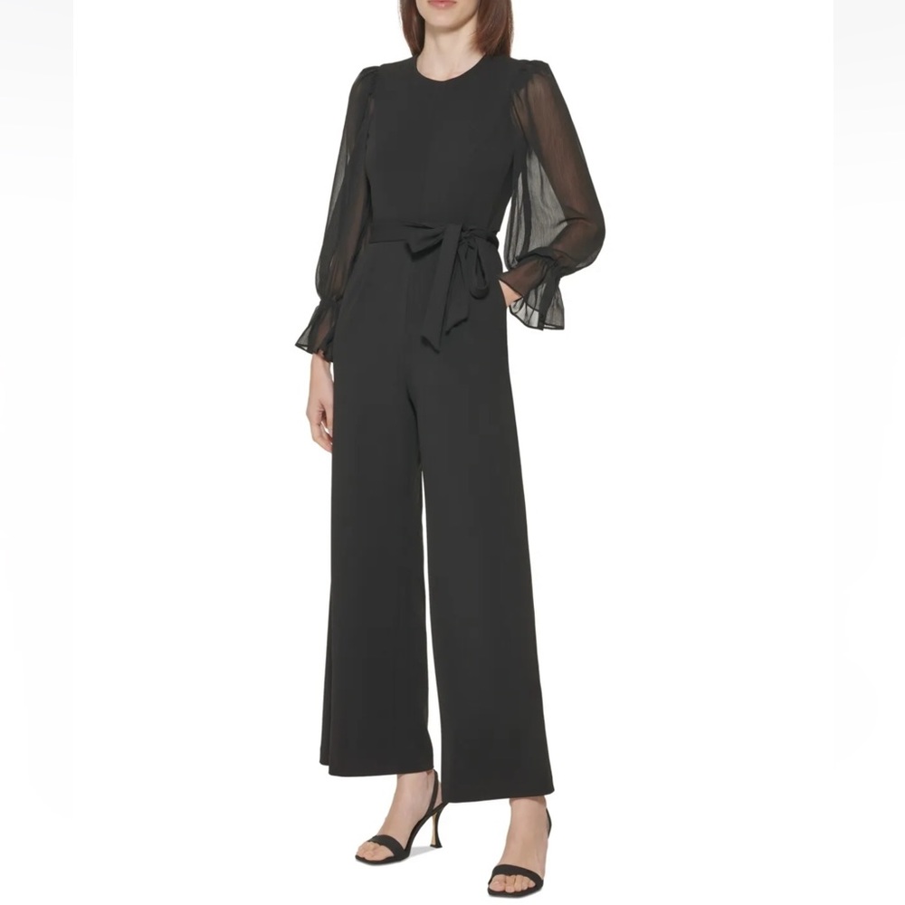 Calvin Klein Black Belted Chiffon Transparent Sleeve Jumpsuit NWT - Reemoly